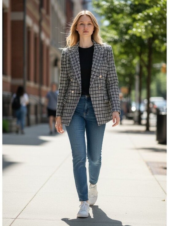 Elie Tahari Jackets & Blazers - Elie Tahari Womens Tweed Double-Breasted Blazer Black White S Classic Fit